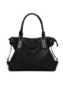 Black PU leather tote bag for women, large capacity shoulder handbag with silver hardware. - Black