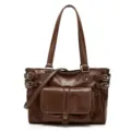 Brown PU leather tote bag, stylish shoulder messenger bag with side buckles and front pocket. - Coffee