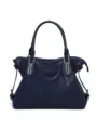 Dark blue women's leather tote bag, large capacity vintage shoulder handbag for daily work commute. - Blue