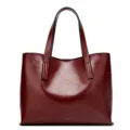 Classic burgundy oil-wax leather tote bag for women, stylish large capacity shoulder handbag. - Burgundy