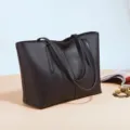 Casual brown leather tote bag, large capacity single shoulder commuter handbag for daily use. - Black