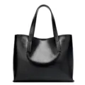 Black oil wax leather tote bag for women, stylish large capacity casual shoulder handbag. - Black