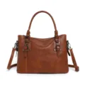 Classic brown leather handbag for women, stylish tote shoulder bag with top handle. - Brown