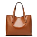 Vintage brown women leather tote bag, casual daily shoulder handbag with double handles. - Tan