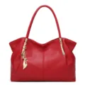 Red shoulder handbag for women, elegant large capacity tote bag with cute cat pendant charm. - Red
