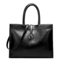 Black women's PU leather tote bag, large capacity commuting handbag and crossbody bag. - Black