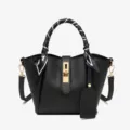 Black bucket tote bag with scarf handle, chic PU leather shoulder handbag for women commute. - Black