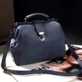 Vintage blue doctor bag retro frame handbag casual shoulder crossbody bag with metal lock. - Dark Blue