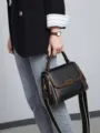 Korean style contrast color leather women handbag, black and brown shoulder crossbody bag. - Black
