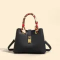 Black PU leather handbag with elegant printed scarf handle, chic top handle shoulder bag. - Navy Blue
