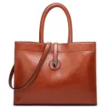 Brown large capacity tote bag, stylish commuter shoulder handbag with double handles and strap. - Tan