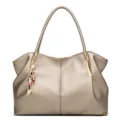 Metallic bronze shoulder tote bag for women, elegant large capacity hobo handbag with charm. - Champagne