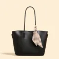 Black minimalist tote bag for women with chic checkered scarf, large capacity shoulder bag. - Black
