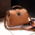 Vintage brown kiss lock shoulder bag, retro suede texture top handle handbag for women daily wear. - Tan