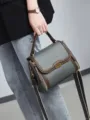Korean minimalist chic women handbag grey green leather shoulder crossbody bag stylish - Blue