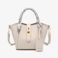 Beige PU leather bucket bag with silk scarf handle, large capacity stylish tote handbag. - Off White