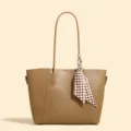 Versatile khaki leather tote bag with stylish checkerboard scarf accessory, large capacity. - Dark Brown