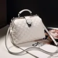 White quilted boston shoulder bag with top handle and metal clasp closure for women stylish - White Argyle