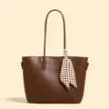 Brown women tote bag stylish large capacity shoulder handbag with plaid scarf accessory SKU - Coffee