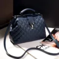 Quilted Boston handbag for women, stylish faux leather shoulder crossbody bag with clasp lock. - Diamond Pattern Dark Blue