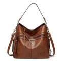 Vintage brown leather women shoulder handbag multi-zipper casual tote crossbody bag. - Brown