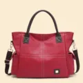 Large capacity red women handbag vintage PU leather casual tote bag with crossbody strap - Red