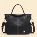 Black large capacity tote bag, casual PU leather shoulder bag with brown straps and pockets. - Black