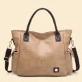 Large capacity retro commuter tote bag, versatile casual shoulder bag with side pockets. - Apricot