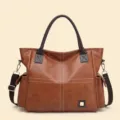 Vintage brown PU leather tote bag, large capacity shoulder and crossbody bag for women. - Brown