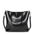 Black oil-wax leather tote bag, casual large capacity shoulder bag with handles and strap. - Black