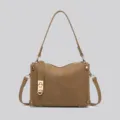 Khaki soft leather shoulder bag with gold-tone hardware lock detail, daily casual crossbody. - Tan