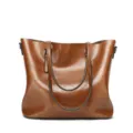 Brown oil wax leather tote bag for women, stylish shoulder bag with double top handles. - Tan