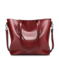 Wine red oil wax leather tote bag, stylish shoulder handbag for women daily casual use. - Red