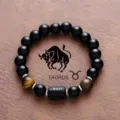 Taurus zodiac sign black obsidian beaded bracelet with tiger eye gemstone for men and women. - Taurus