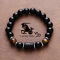 Capricorn zodiac black bead bracelet with tiger eye stone and stainless steel charm for men and women. - Capricorn