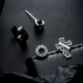Men titanium steel earrings set gothic cross roman numeral studs hip hop jewelry detail view - Chic Style A / 4 Pieces