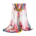Detailed view of the colorful floral chiffon scarf, lightweight fabric for summer and spring wear. - 160*50CM / Pink & Blue Trim