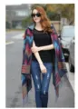 Ethnic style hooded thick split cape shawl for women with buttons and fringe details. - Hooded Shawl (Style B) / Navy Blue