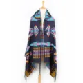 Women hooded ethnic geometric poncho shawl cape winter warm knitted fringe blanket scarf - Ethnic Style (GDK056) / Navy Blue
