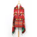 Ethnic style hooded shawl cloak for women, thickened geometric pattern with fringe and buttons. - Ethnic Style (GDK056) / Red