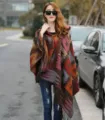 Ethnic style hooded thick cape shawl for women, tassel split design, warm autumn winter wear. - Hooded Shawl / Orange