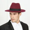 Detailed view of wine red fedora hat with black band, premium felt material close-up shot. - M (56-58cm) / Burgundy