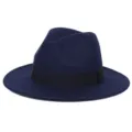 Men's dark blue fedora hat with black ribbon band, wide brim classic British jazz gentleman hat. - M (56-58cm) / Navy Blue
