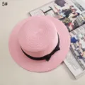 Pink flat top straw hat for women summer sun protection wide brim beach sunhat with black bow - No.5 Flat Brim