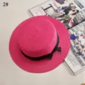 Stylish women pink wide brim straw hat summer sun protection boater hat with black ribbon - No.2 Flat Brim