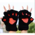 Gants d'hiver doux en peluche noire patte de chat sans doigts, cadeau chaud mignon et épais. - Taille unique / Noir Rouge