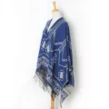 Blue geometric patterned poncho shawl with fringe, warm knitted winter cape variant. - 9# Royal Blue