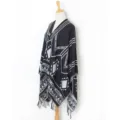 Women winter black white geometric pattern tassel poncho shawl versatile warm knitted cloak. - 14# Black & Grey