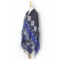 Women winter geometric pattern poncho blue black tassel shawl open front cape warm scarf - 17# Dark Grey & Royal Blue