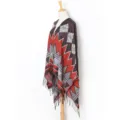 Women winter geometric tribal poncho scarf with chic tassel hem, cozy warm open front shawl. - 18# Brown & Red
